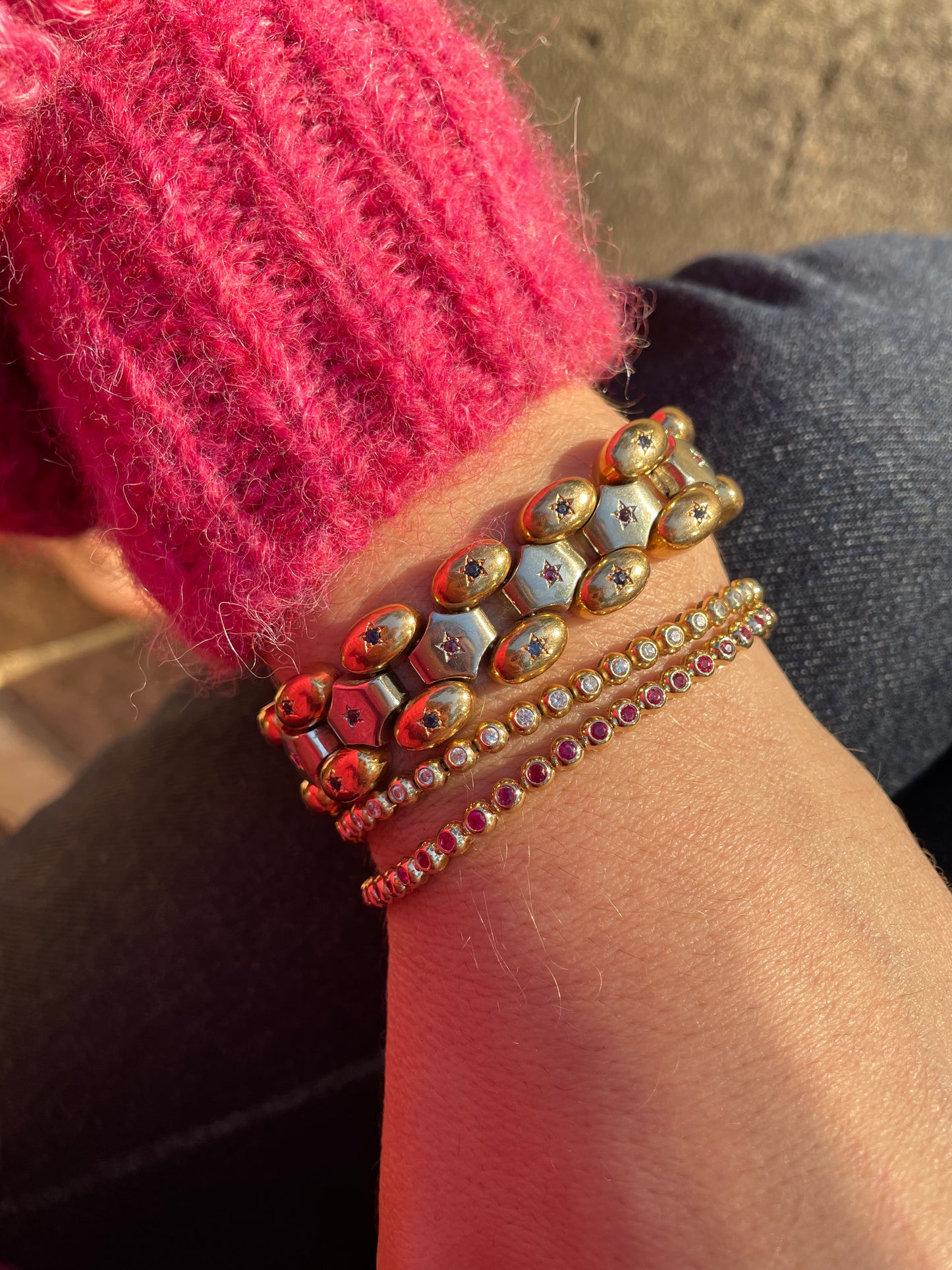 Vintage two tone 18K gold star set gemstone bracelet, 6.75 inch