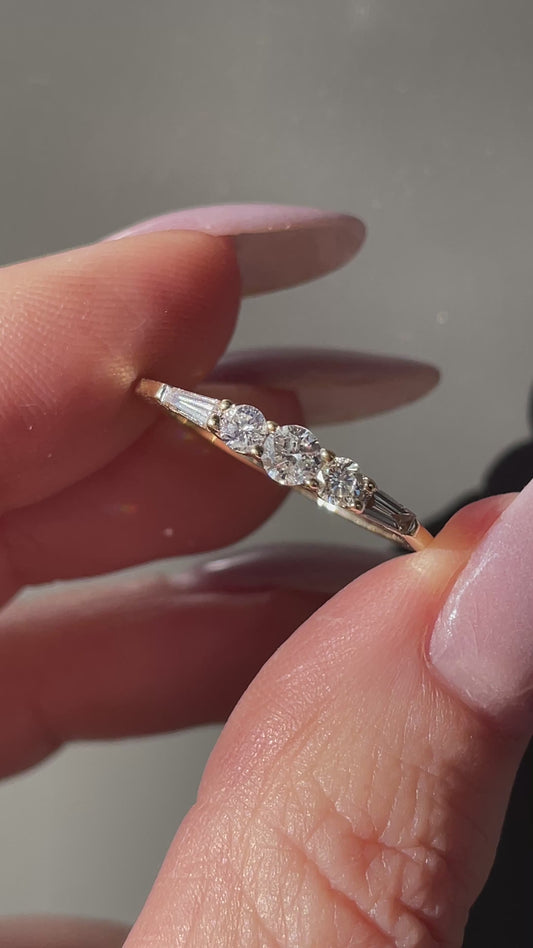 Vintage yellow 14K approx .54 ctw baguette and round diamond ring, size 7.25