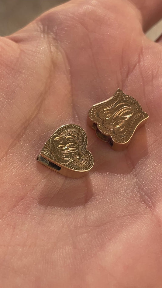 Antique yellow 14K engraved mixed initial slider charms or charm spacers
