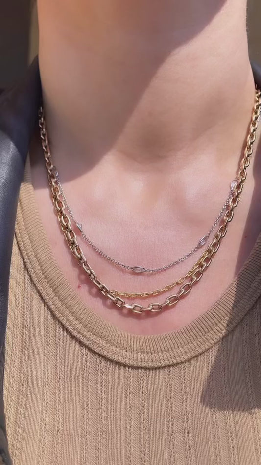 Vintage rosy yellow 18K gold solid biker link chain, 18.5 inch