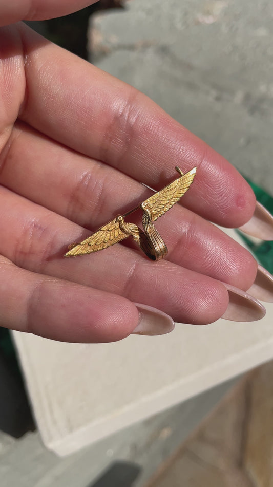 Vintage yellow 10K pin with birds and outstretched wings, 1.5 inch