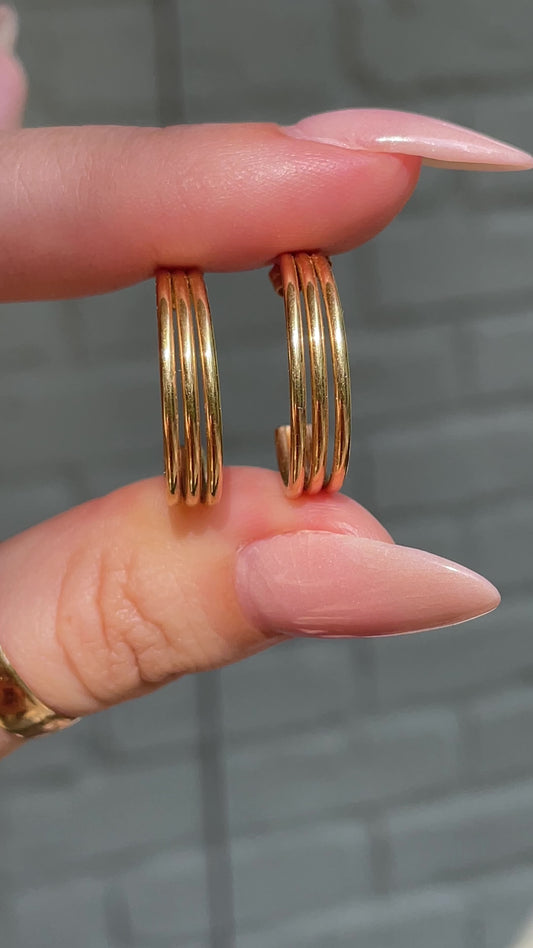 Vintage yellow 14K triple row post hoop earrings