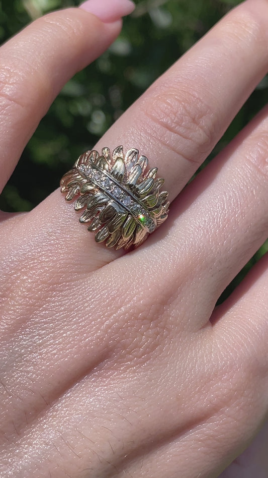 Vintage yellow and white 14K feathers motif ring with diamonds, size 5.5