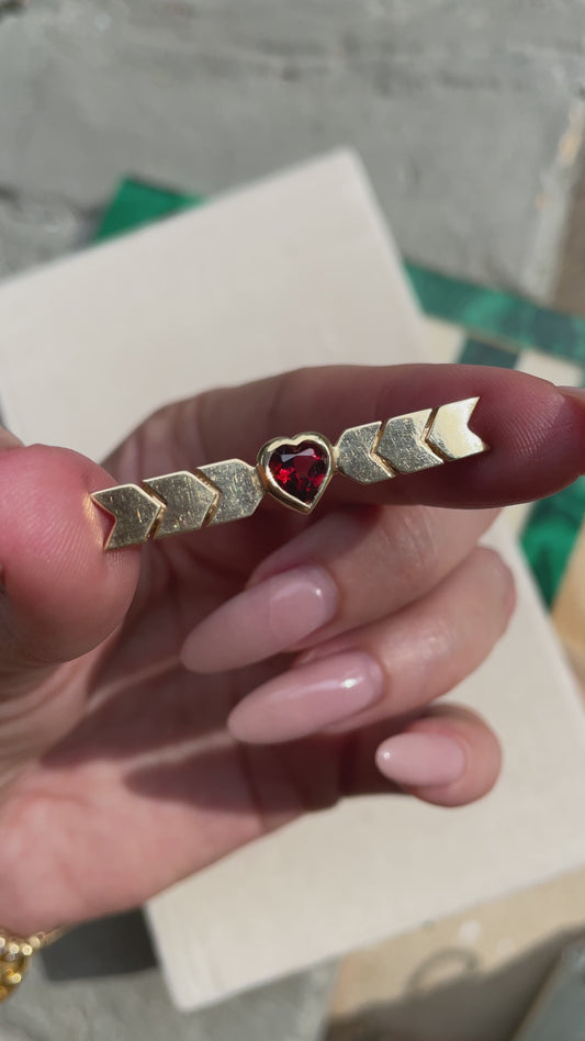 Vintage yellow 14K bezel set red garnet heart pin, 1.5 inch