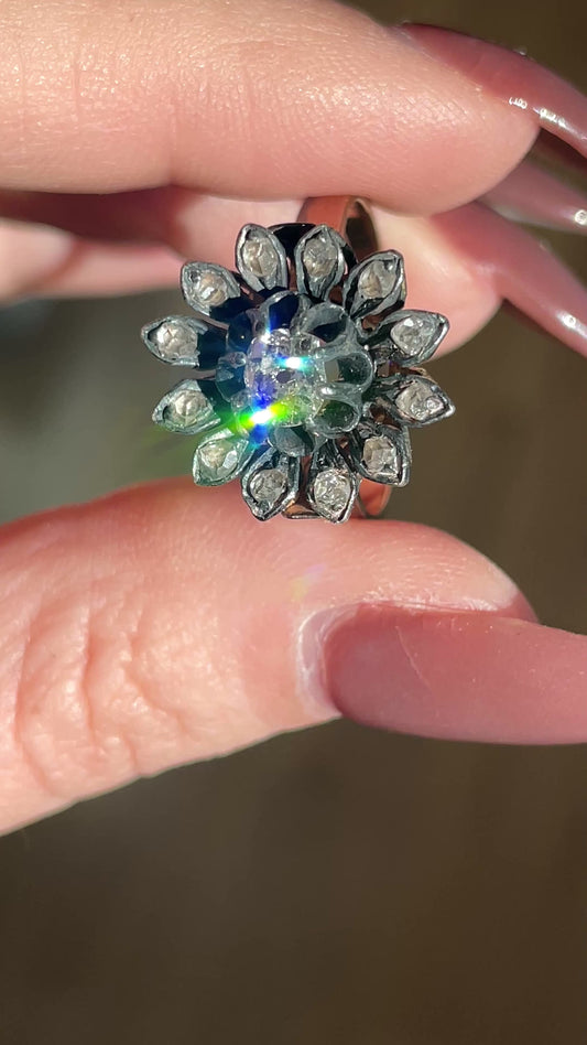 Antique silver and 14K gold approx 1.02 ctw old mine cut and rose cut diamond flower ring, size 8.5