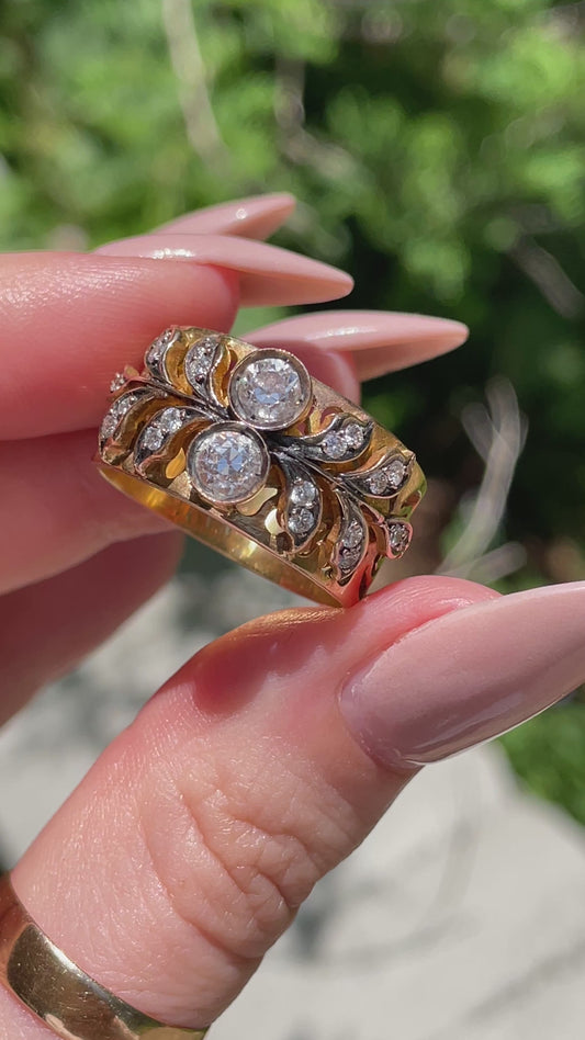 Vintage yellow 14K approx 1.06 ctw diamond floral motif wide ring, size 9.25