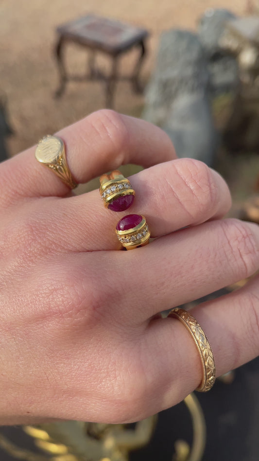 Vintage yellow 18K open ruby ring with .1 ctw diamonds, size 5.5-5.75