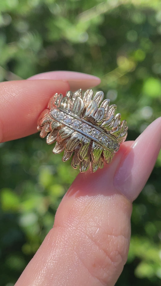 Vintage yellow and white 14K feathers motif ring with diamonds, size 5.5