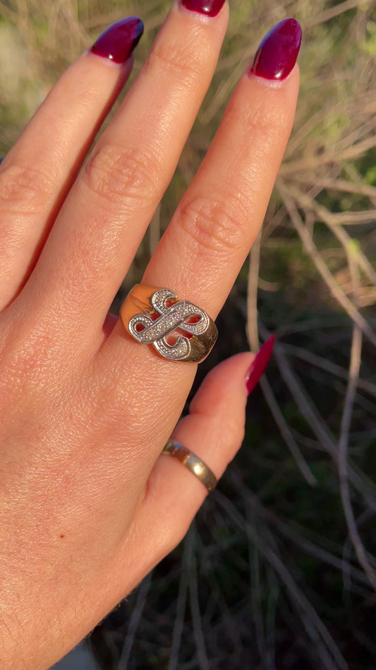 Vintage yellow and white 14K letter L ring with approx .18 ctw diamonds, size 10