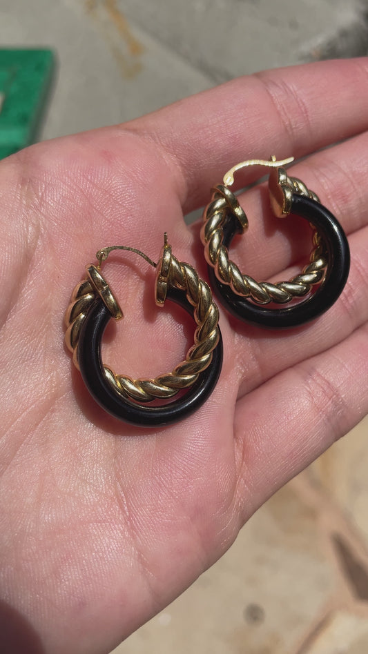 Vintage yellow 14K gold twist and onyx hoop earrings
