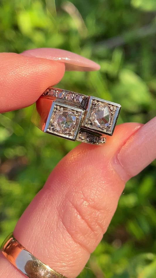 Antique 18K approx .95 ctw rose cut diamond geometric toi et moi ring, size 5.75-6