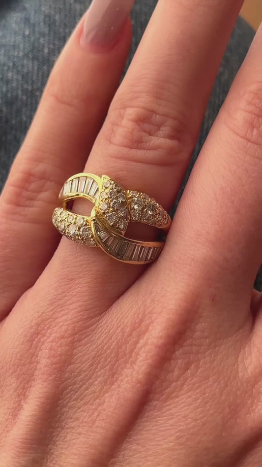 Vintage yellow 18K approx 1.98 ctw baguette and round diamond knot ring, size 5.75-6