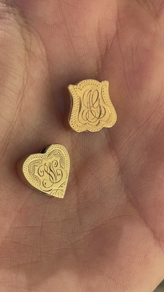 Antique yellow 14K engraved mixed initial slider charms or charm spacers
