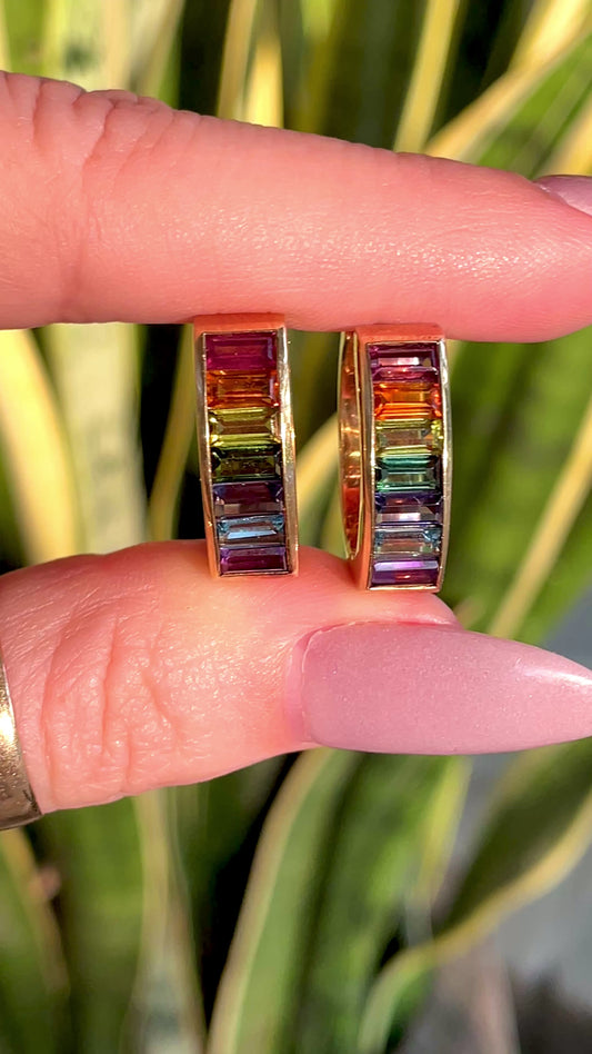 Vintage yellow 18K rainbow baguette gemstone hoop earrings, .75 inch long