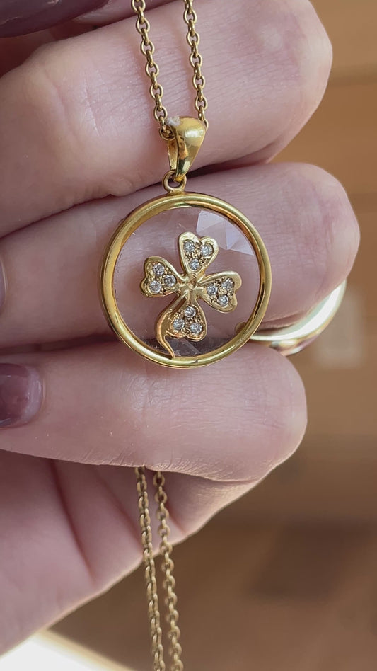 Vintage yellow 14K faceted glass and approx .2 ctw diamond 4 leaf clover pendant