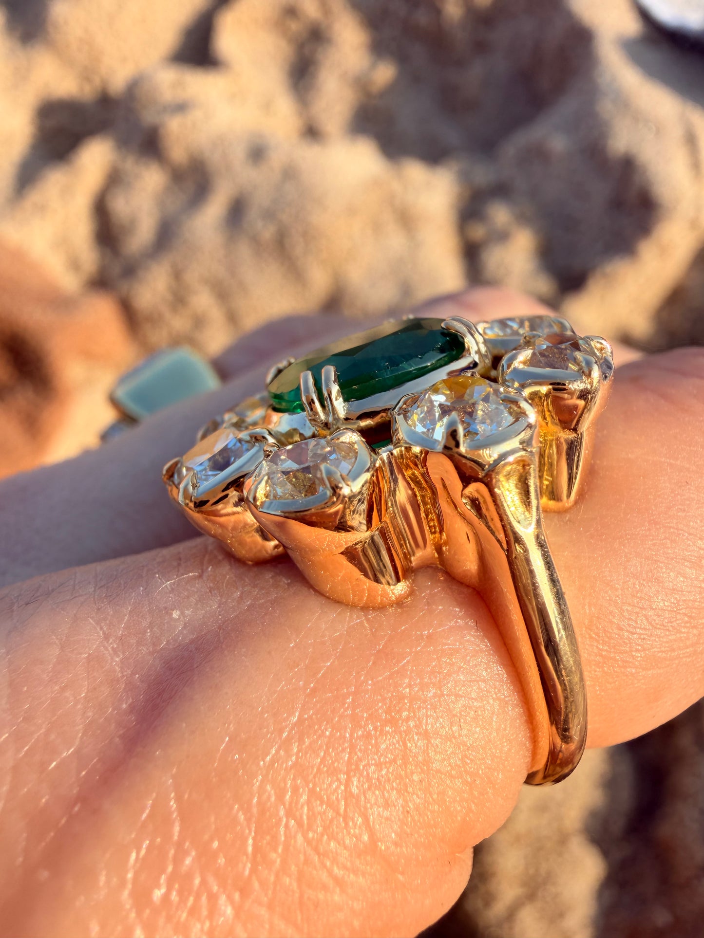 Yellow 18K approx 3.5ctw antique old mine cut diamond halo ring with 3.75ctw natural emerald, size 6.5