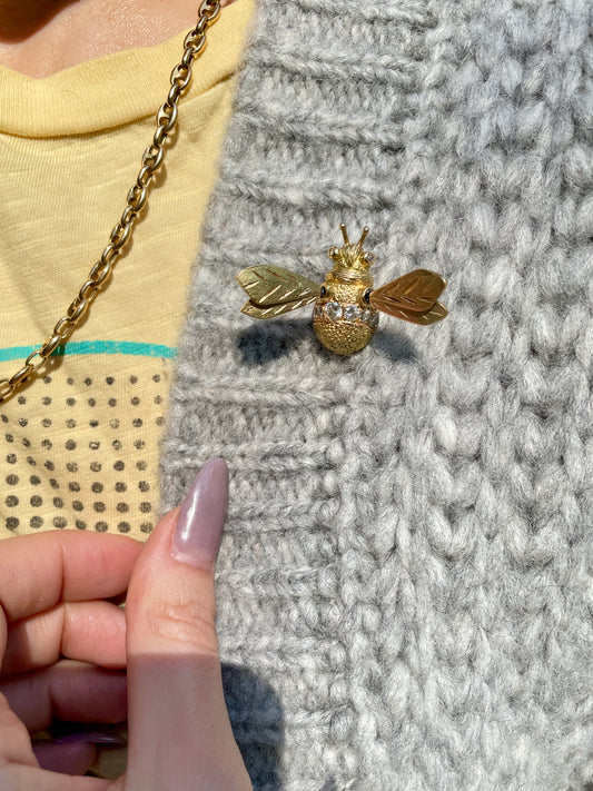 Vintage yellow 18K and approx .6 ctw diamond bee pin with tremblant wings, approx 1 and 5/8 inch