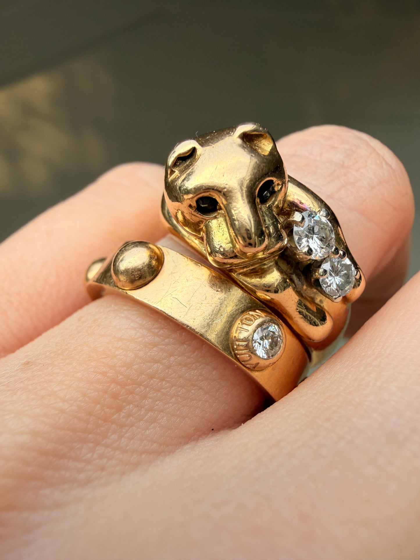 Vintage yellow 18K Louis Vuitton stud eternity ring with diamond, size 7