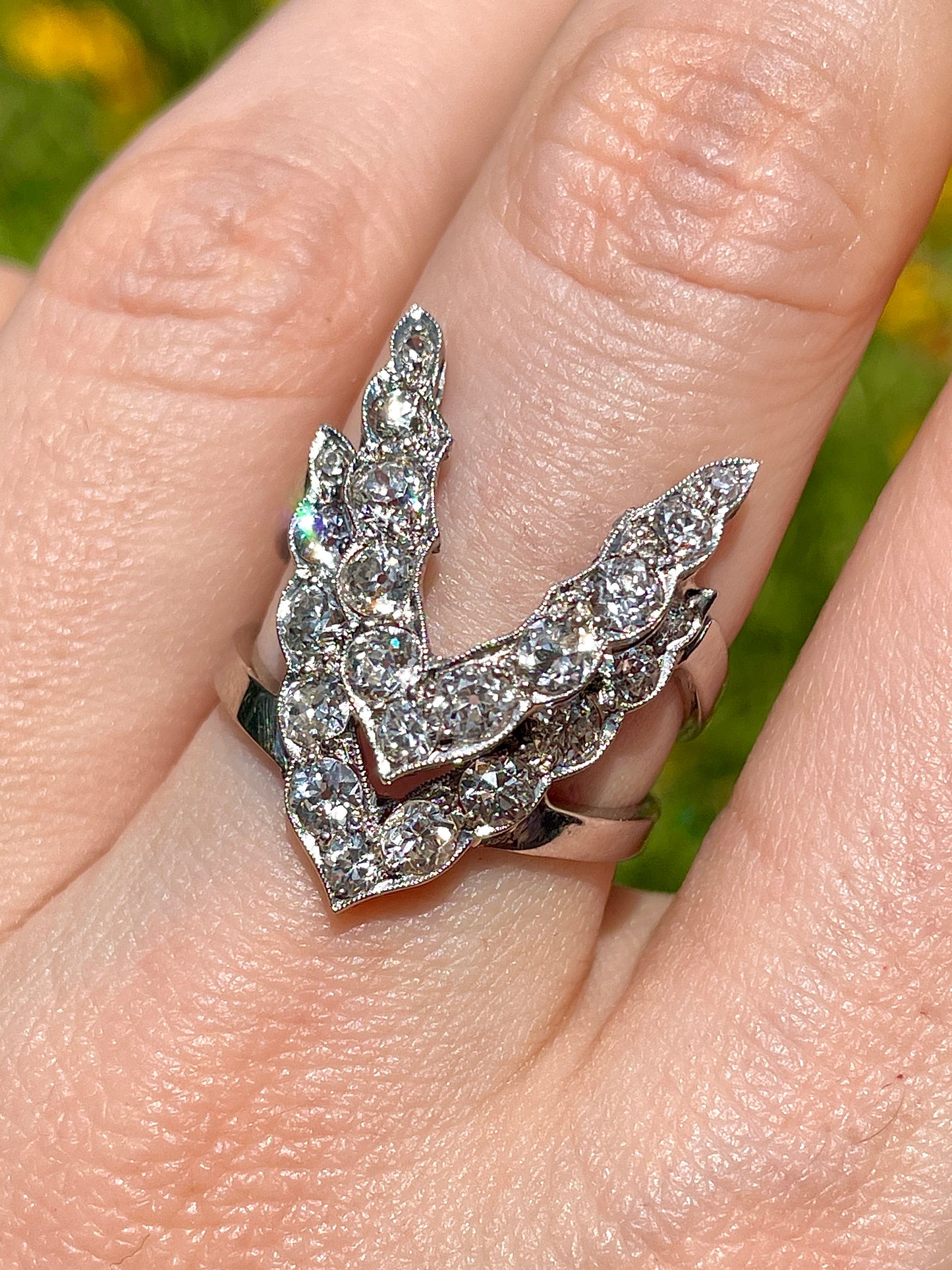 Vintage white 14K approx 2 ctw old mine cut and old european cut diamond double chevron ring, size 7