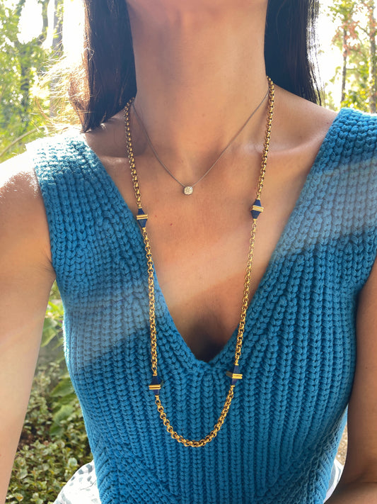 Vintage yellow 18K gold and lapis stations rolo chain, 31.5 inch