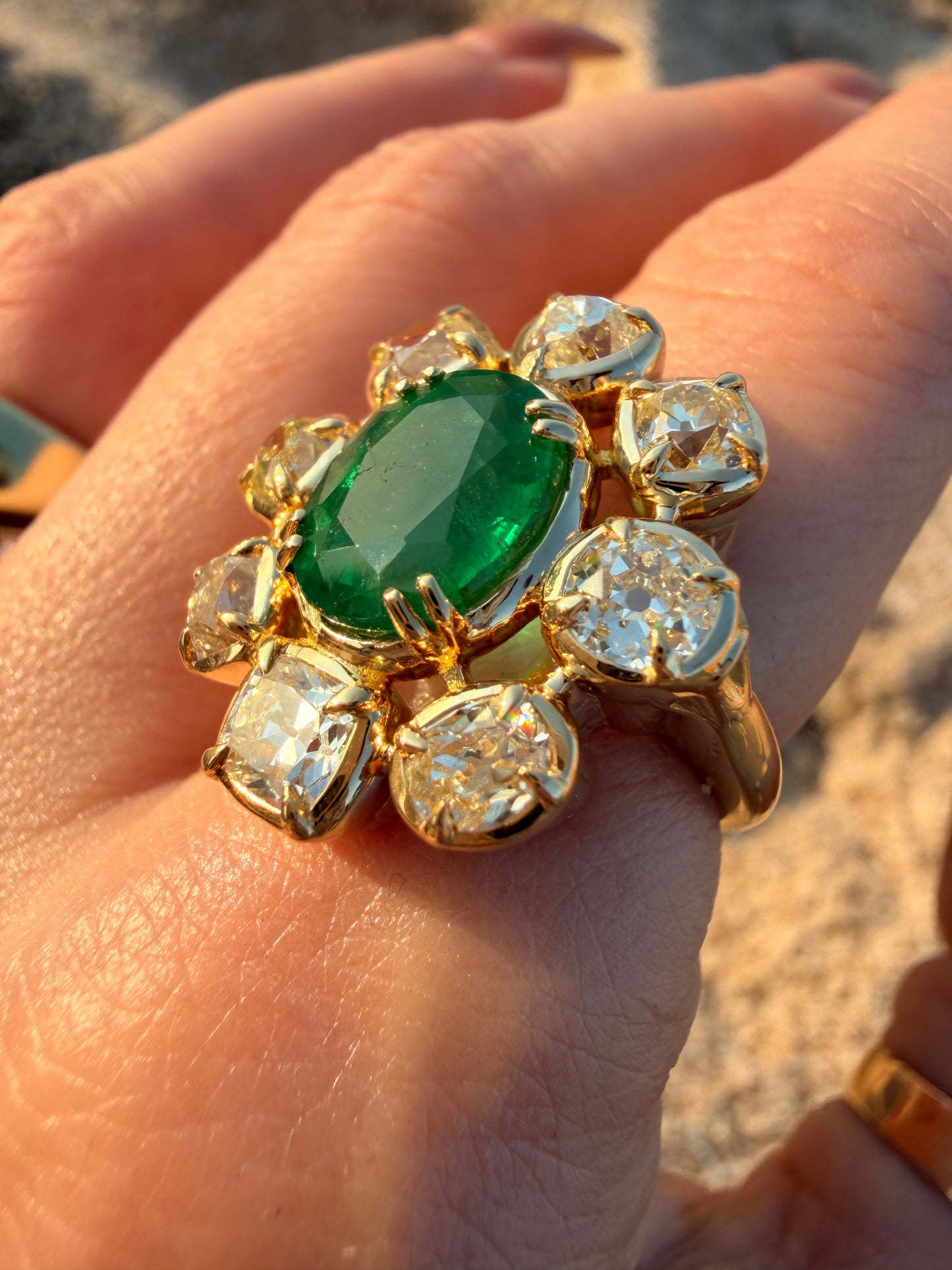 Yellow 18K approx 3.5ctw antique old mine cut diamond halo ring with 3.75ctw natural emerald, size 6.5