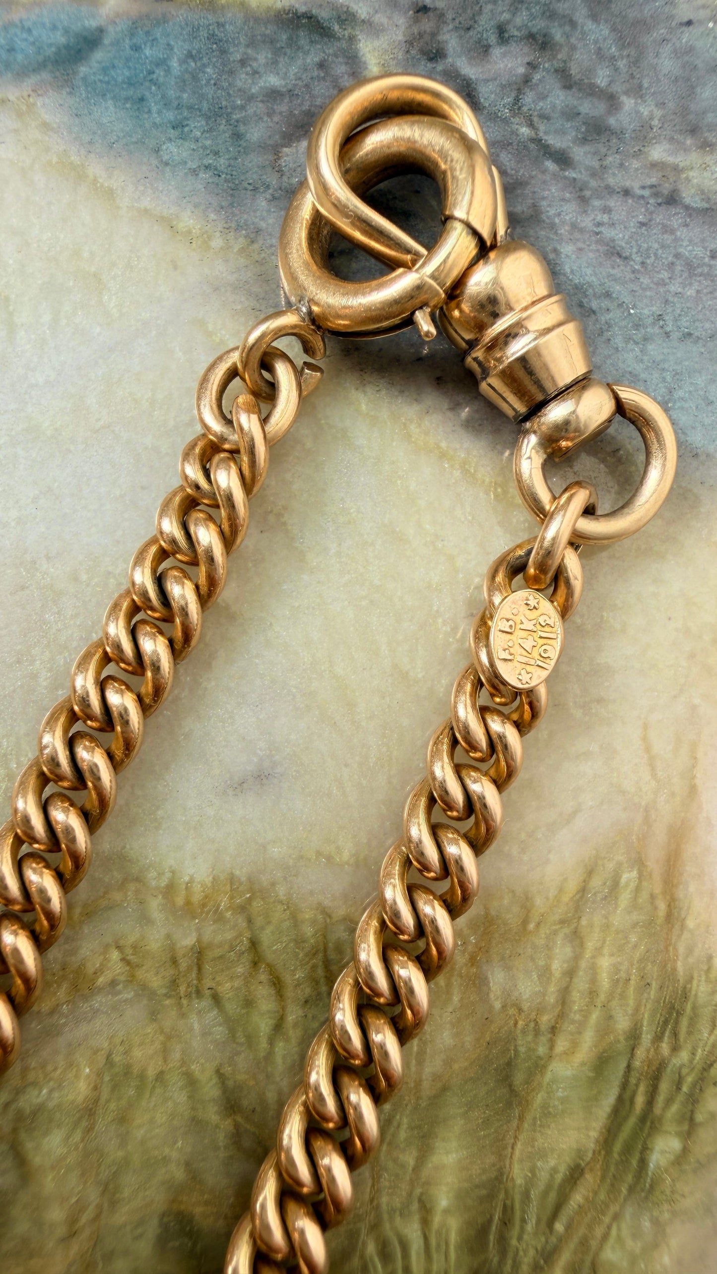 Antique yellow 14K round curb watch chain, 19 and 5/8 inch with 1.5 inch bolt dangle