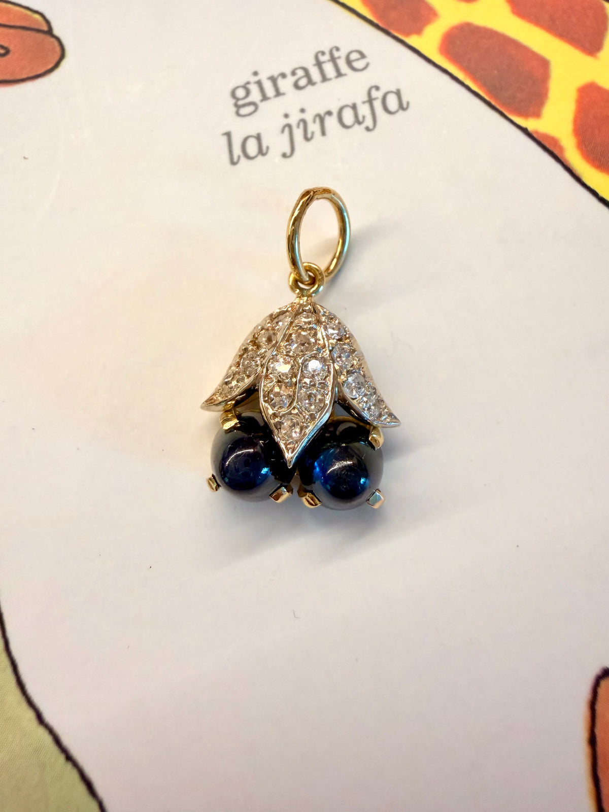 Vintage 18K approx .52 ctw old mine and old cut diamond and sapphire cabochon blueberries pendant