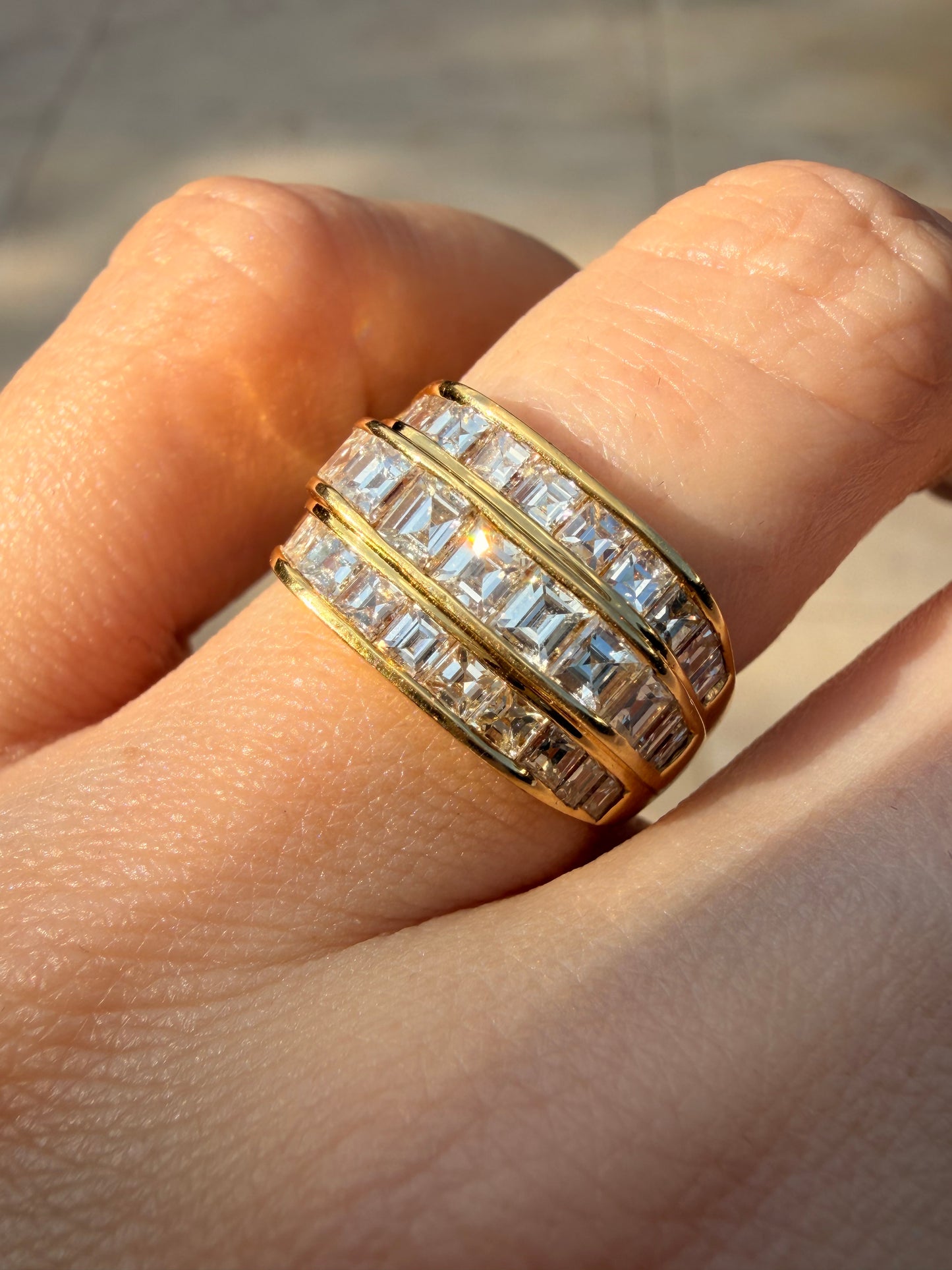 Vintage yellow 18K gold 2.2 ctw step cut diamond triple row band, size 6.25