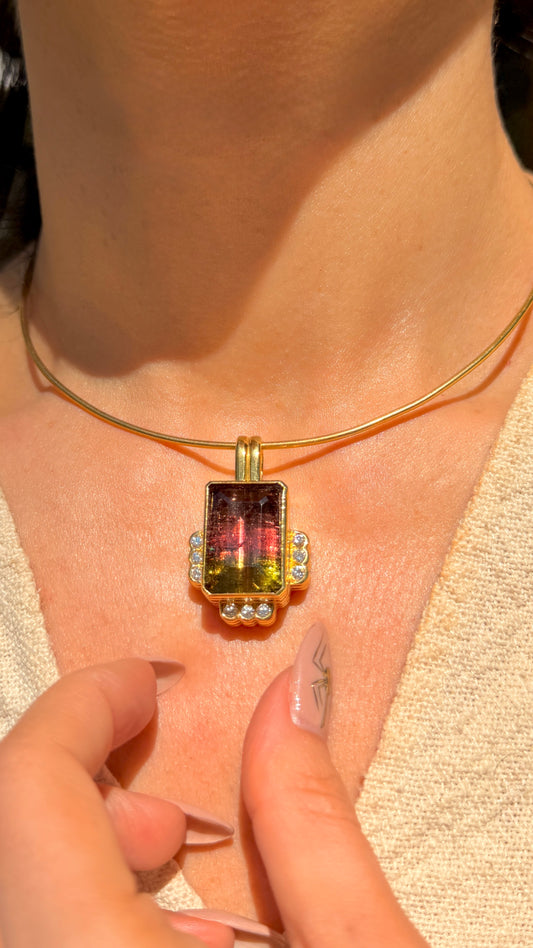 Vintage yellow 18K ribbed .63 ctw diamond and 36ctw bicolor tourmaline earrings and enhancer pendant