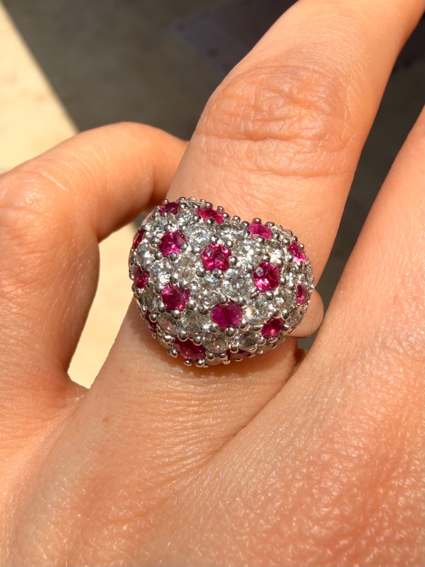 Vintage platinum over 1ctw diamond and 1ctw natural ruby heart ring, size 6