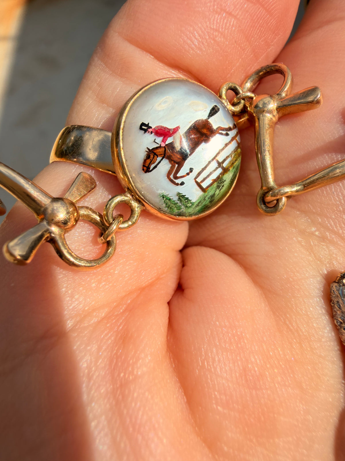 Antique 14K fox equestrian Essex crystal horsebit bracelet, 7.5 inch