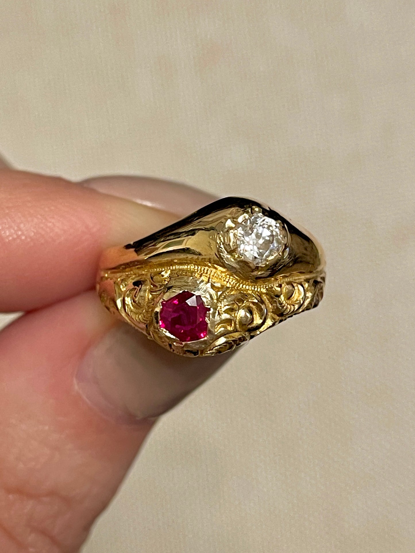 Antique 14K toi et moi with .15 ctw ruby and .25 ctw old mine cut diamond, size 6