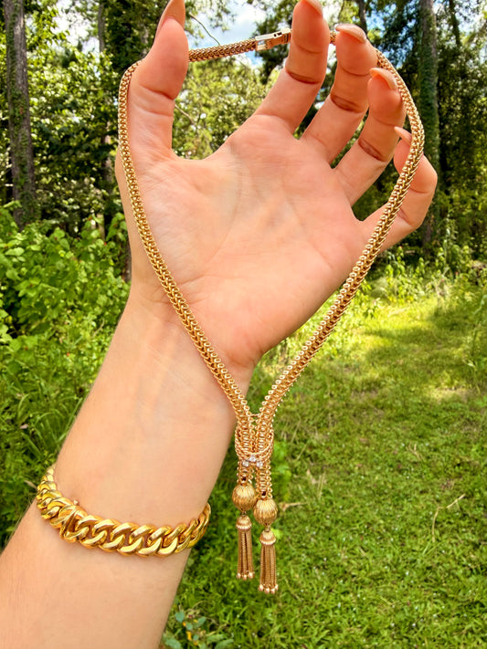 Vintage circa 1950s yellow 14K gold and diamond lariat tassel necklace