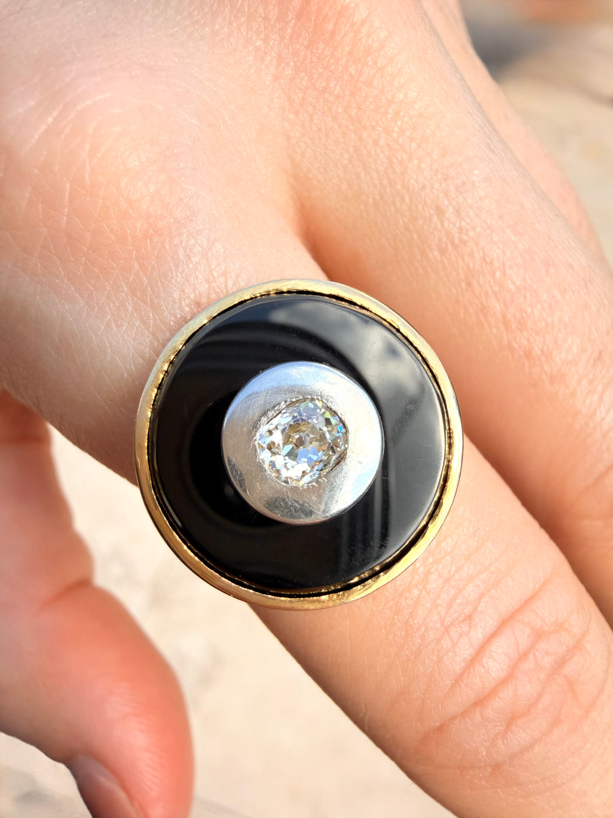 Vintage 18K onyx target ring with .5 ctw old mine cut diamond, size 7.25-7.5