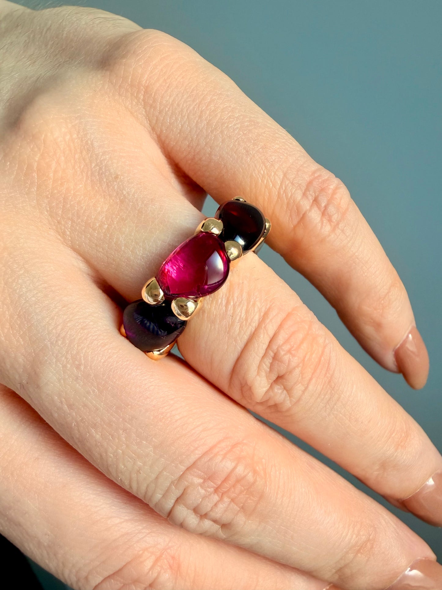 Vintage yellow 18K Pomellato 3 stone Sassi ring with Tourmaline, Amethyst and Garnet, size 6.5