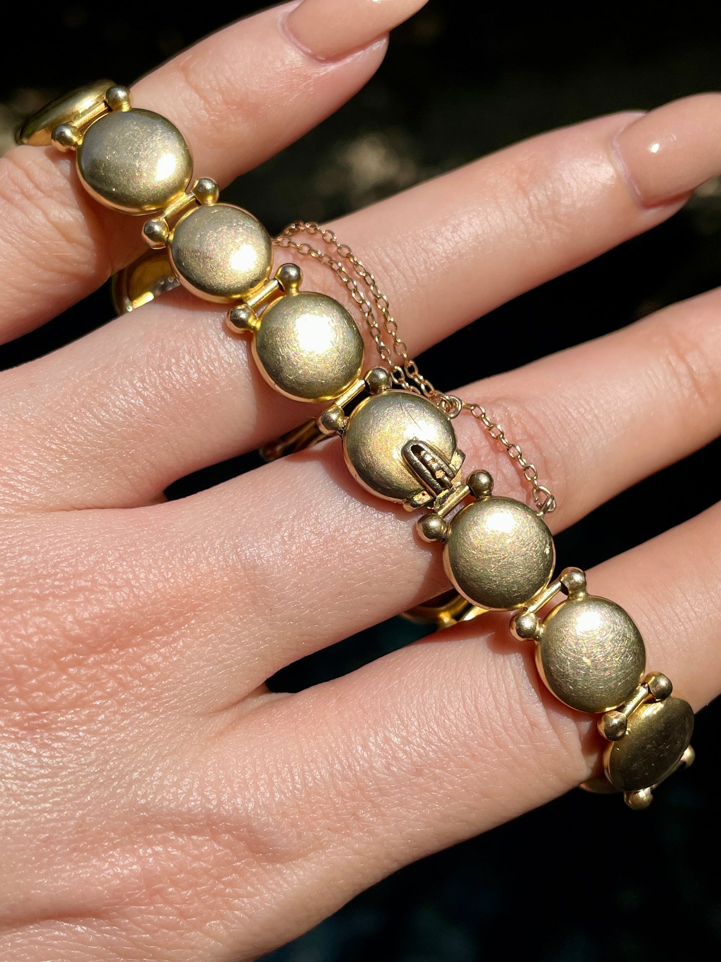 Antique yellow 10K Victorian approx 1.6 ctw old mine cut diamond starburst bracelet, 7 and 7/8 inch