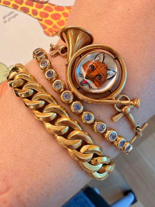 Antique 14K fox equestrian Essex crystal horsebit bracelet, 7.5 inch