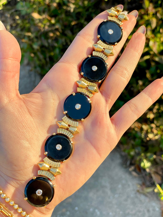 Vintage yellow 18K gold approx .9 ctw old cut diamond and onyx disc bracelet, 7 inch