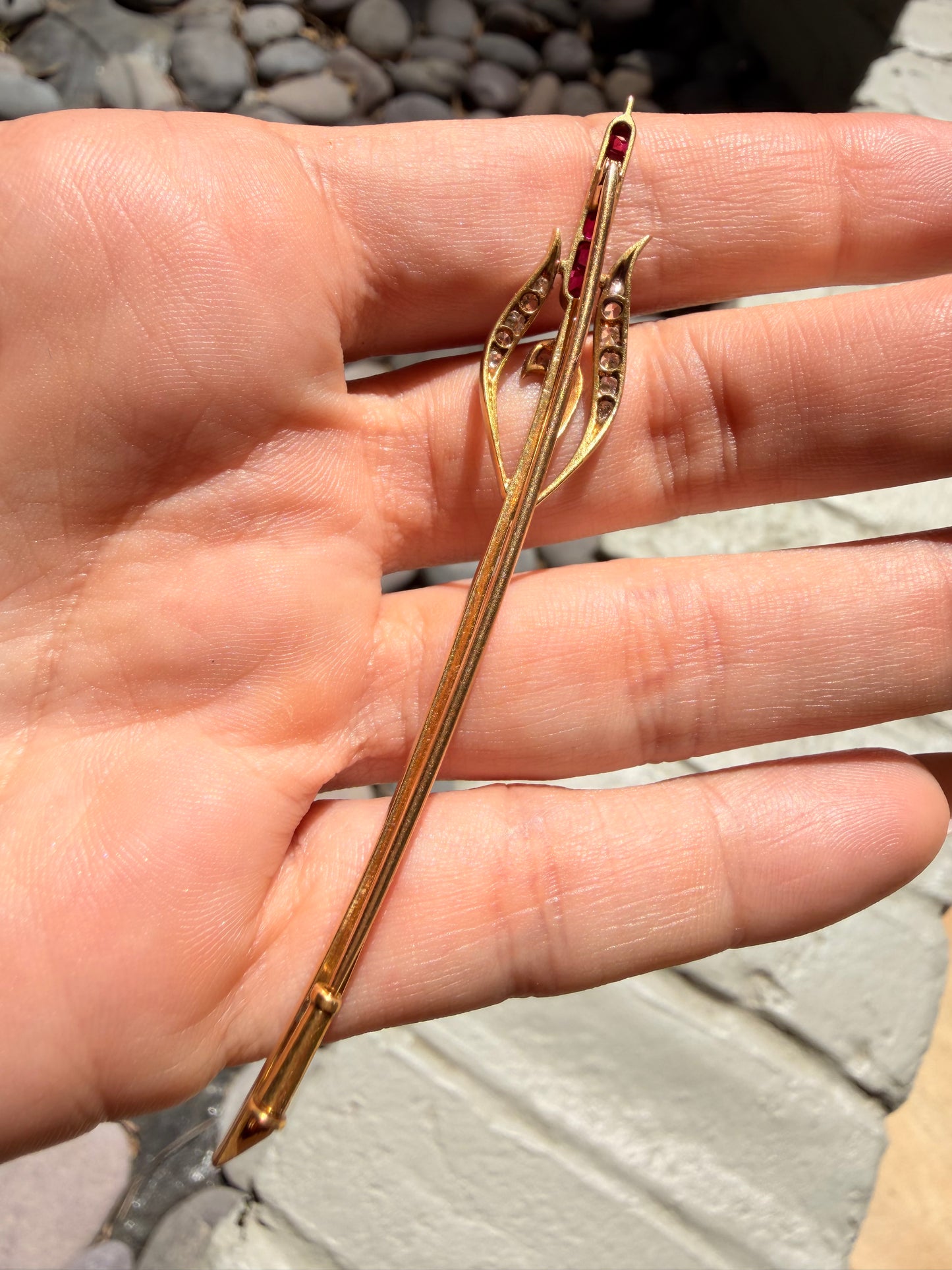 Vintage French 18K ruby and old cut Diamond cattail brooch