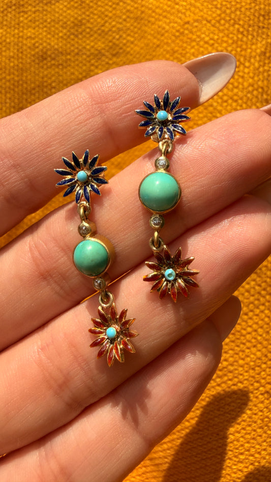 Estate yellow 18K turquoise bezel .05 diamond and enamel floral drop post earrings