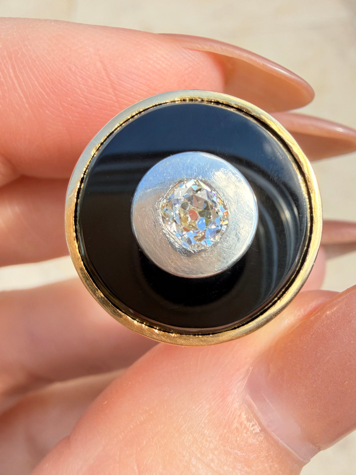 Vintage 18K onyx target ring with .5 ctw old mine cut diamond, size 7.25-7.5