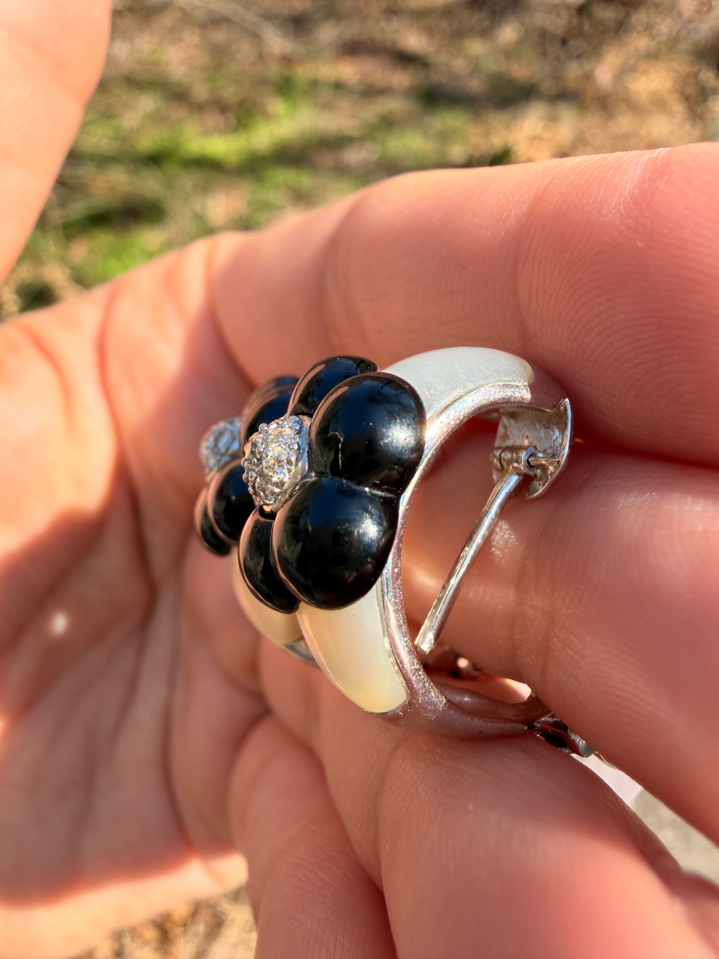 Vintage white 18K mother of pearl, diamond and onyx earrings