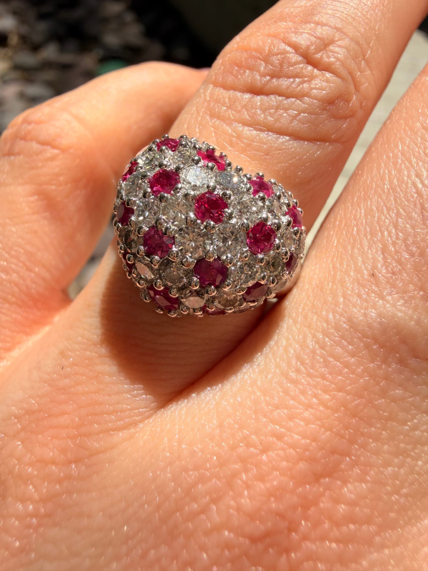 Vintage platinum 1ctw diamond and .6ctw natural ruby heart ring, size 6