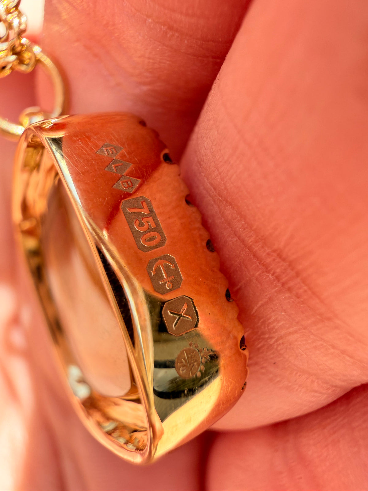 Antique 18K intaglio set in custom yellow 18K tourmaline border pendant by Bauble Magpie
