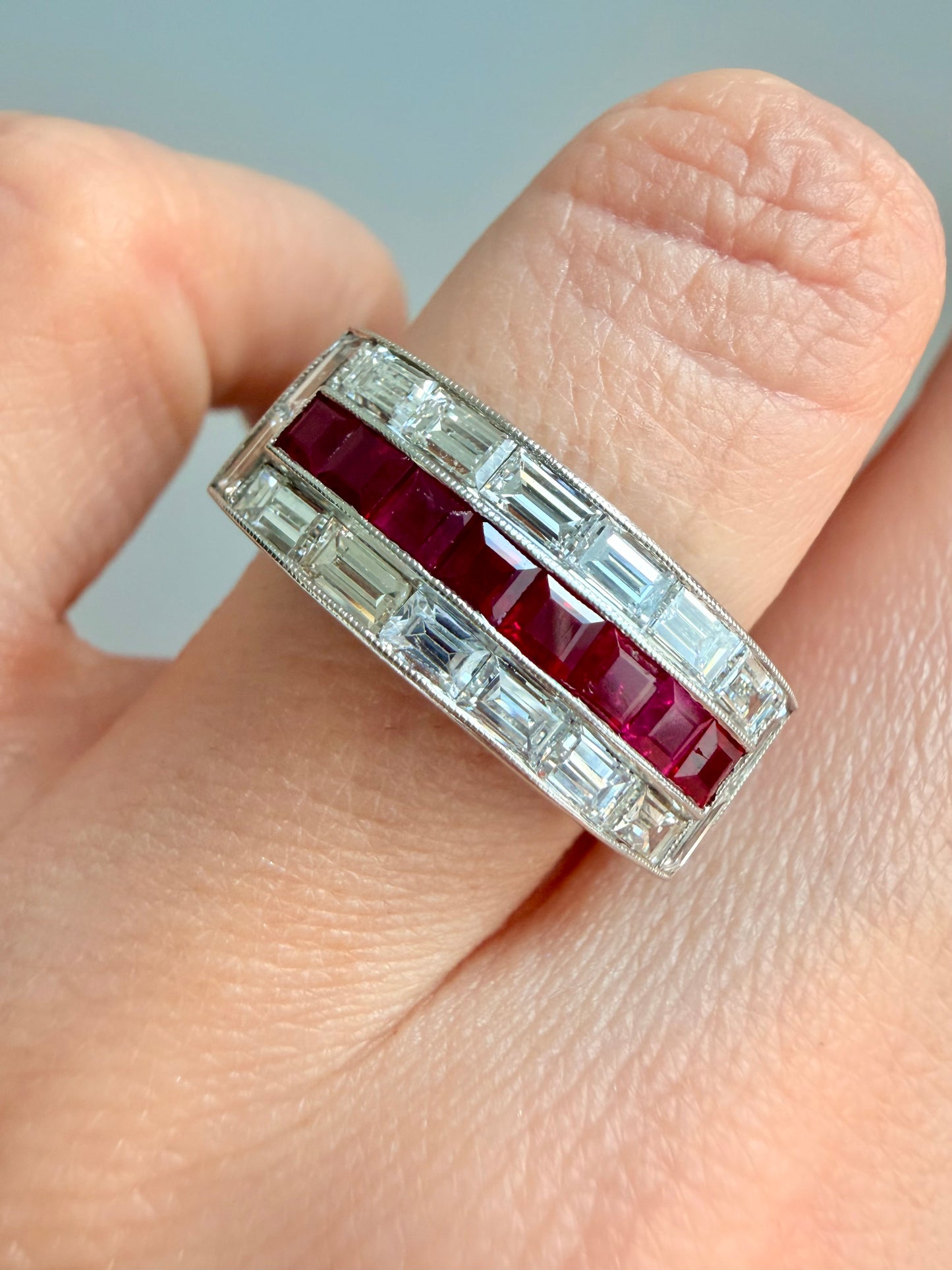 Vintage platinum approx 1.7 ctw baguette diamond and 1.1 ctw ruby ring, size 6.5