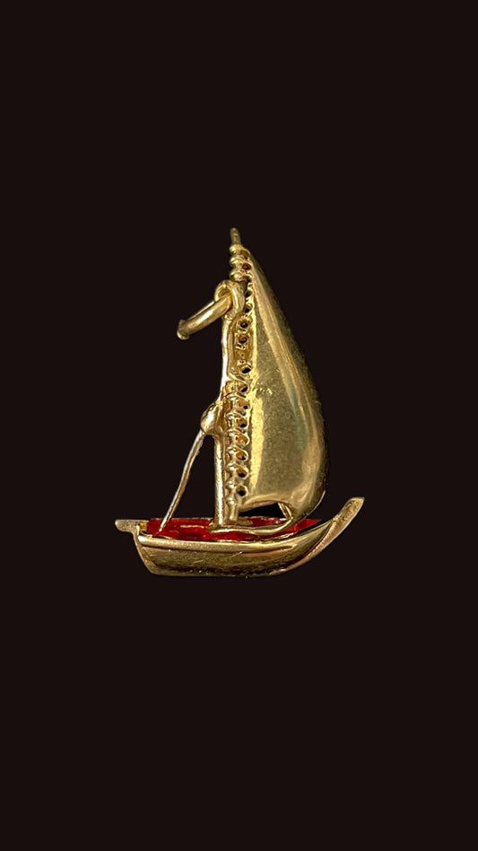 Vintage yellow 14K 3D sailboat with red enamel charm