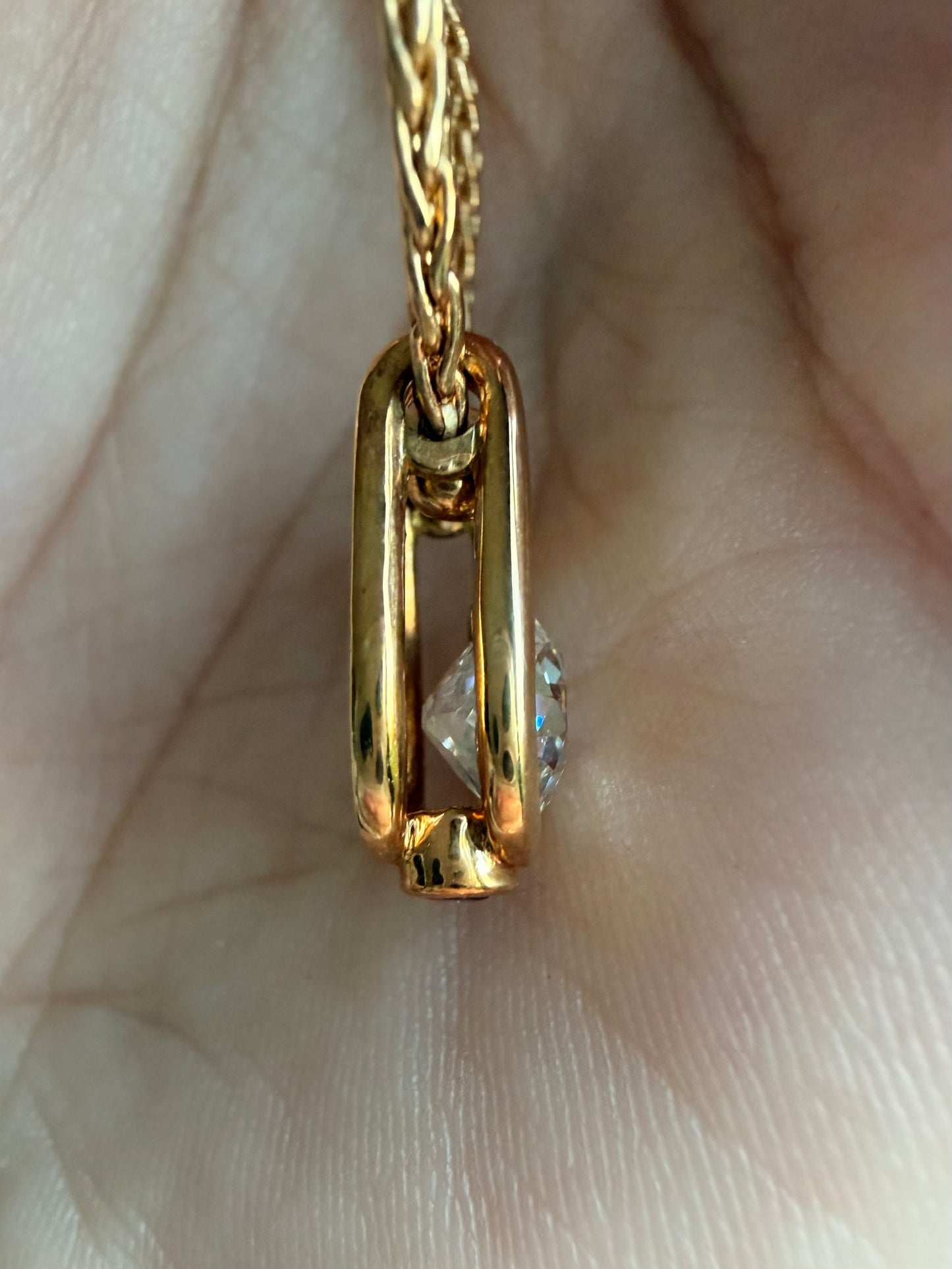 Vintage yellow 18K wheat chain with 1.05 ctw Old European Cut Diamond U pendant with ruby, 20 and 3/8 inch