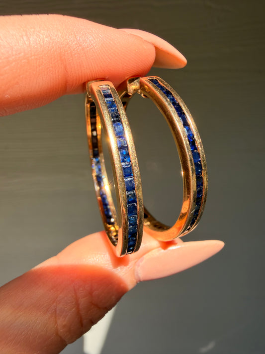 Vintage yellow 14K approx 2ctw blue sapphire hinge hoop earrings