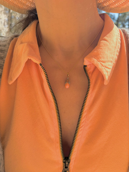 Antique 14K angelskin coral old cut diamond teardrop charm