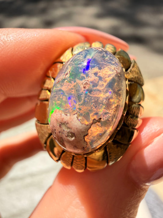 Vintage yellow 18K Boulder opal statement ring, size 7-7.25